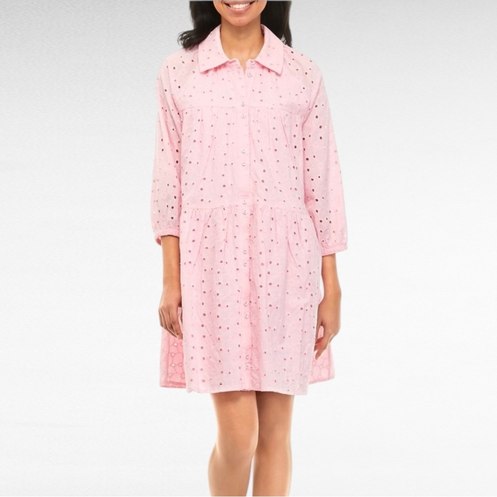 Crown & Ivy | Light Pink Tiered Eyelet Collared Romantic Button Down Swing Dress